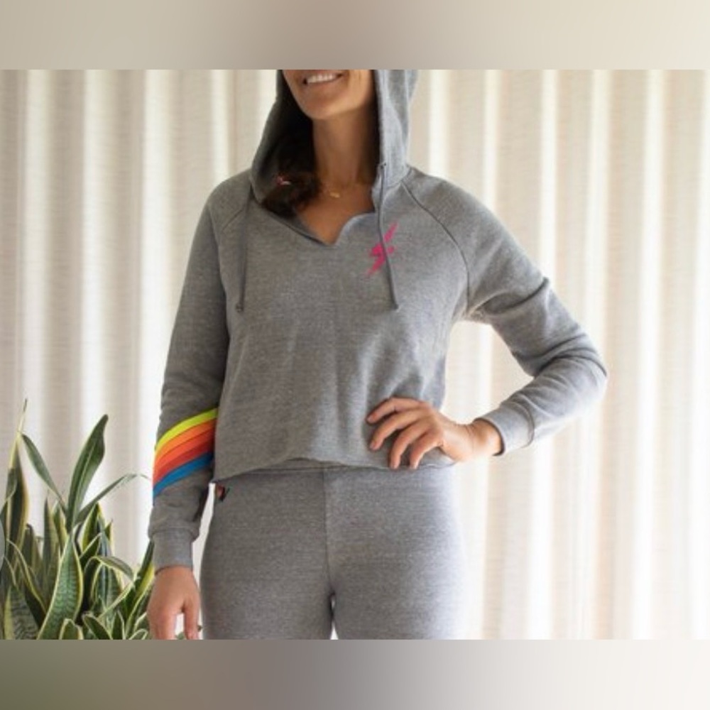 Aviator Nation Bolt Stitch Grey Crop Hoodie Size Small S EUC